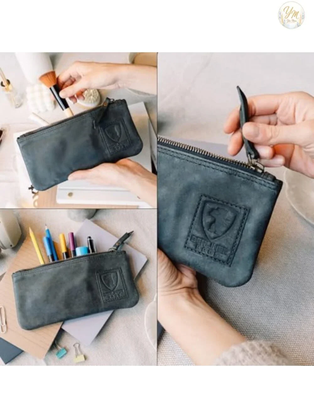 Genuine Leather Pencil Case Pouch Zip Pen Holder Organizer
